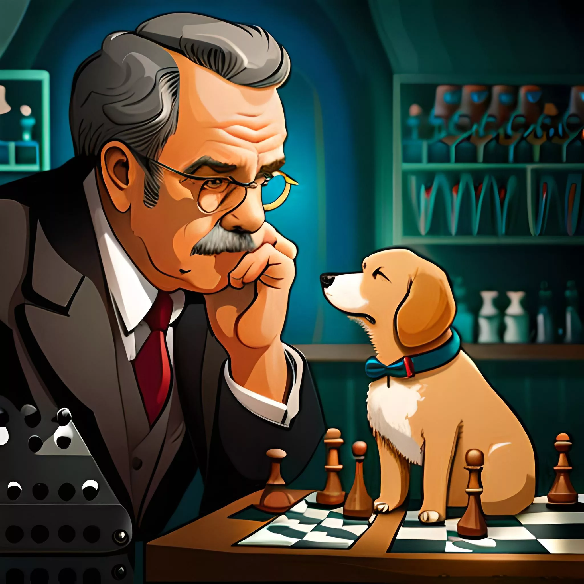 deus invisível , Nietzsche e um cachorro vira latas usando óculos em um bar