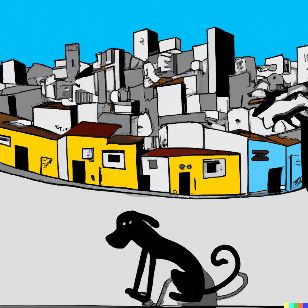 DALL·E 2023-02-20 18.38.42 – cachorro preto solitario, cartoon, favela em são paulo
