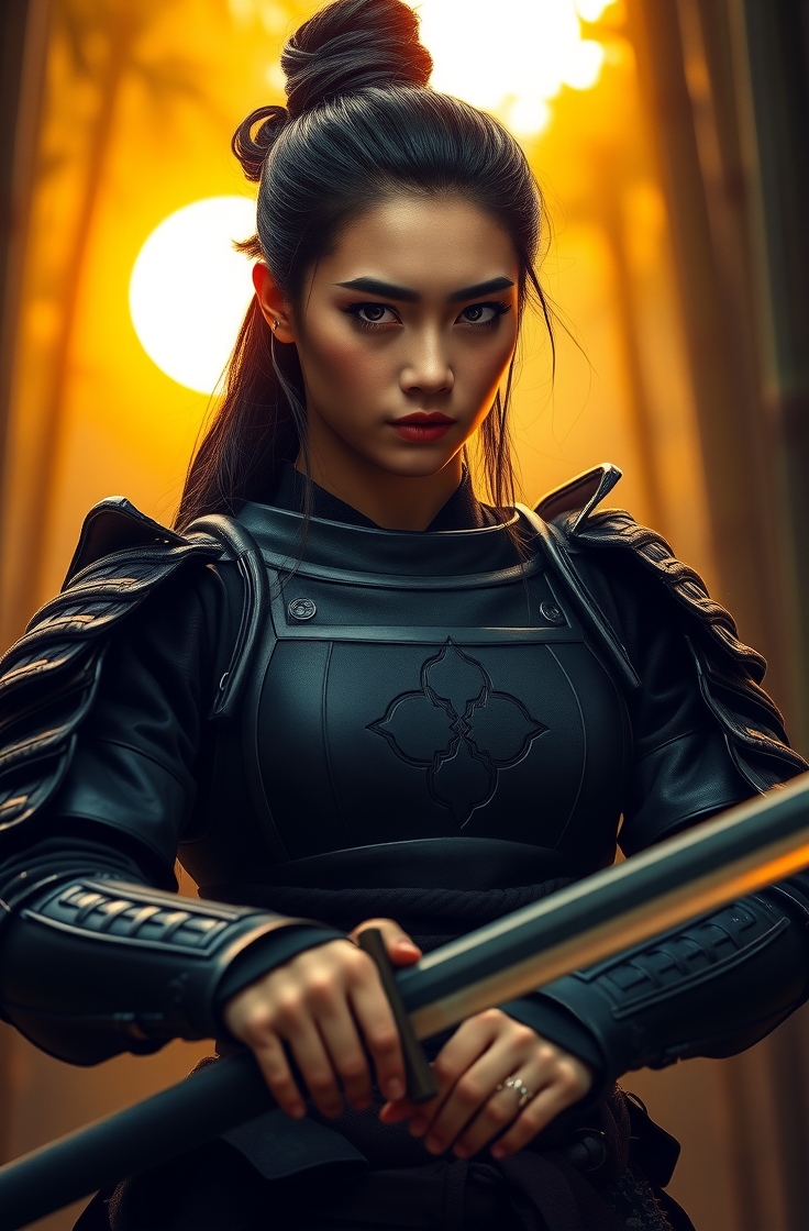 Uma mulher guerreira asiática em traje samurai preto, em pé em uma floresta de bambu iluminada pela luz dourada do pôr do sol, estilo hiper-realista, foco nítido.