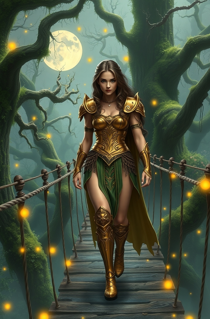 Uma princesa guerreira em armadura dourada, caminhando sobre uma ponte suspensa em meio a uma floresta mágica iluminada por vaga-lumes, estilo realista, iluminação suave.