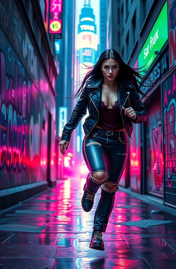 Uma agente secreta cyberpunk correndo em um beco iluminado por neon, chuva fina, reflexos coloridos no chão, fotografia estilo Blade Runner.