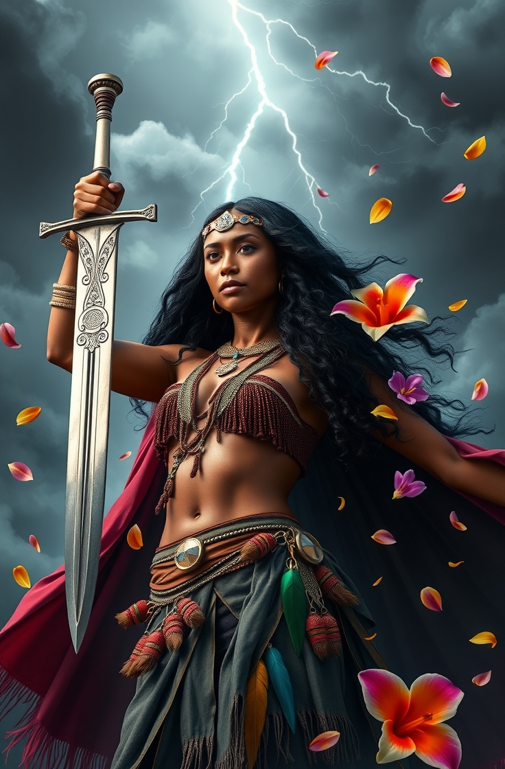 Uma heroína vitoriosa segurando uma espada, cabelos e capa esvoaçando ao vento, pétalas de flores caindo ao redor, céu tempestuoso ao fundo, estilo pintura épica.